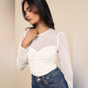 ASTR The Label Ruched Sheer Long Sleeve Ivory Blouse Size Large